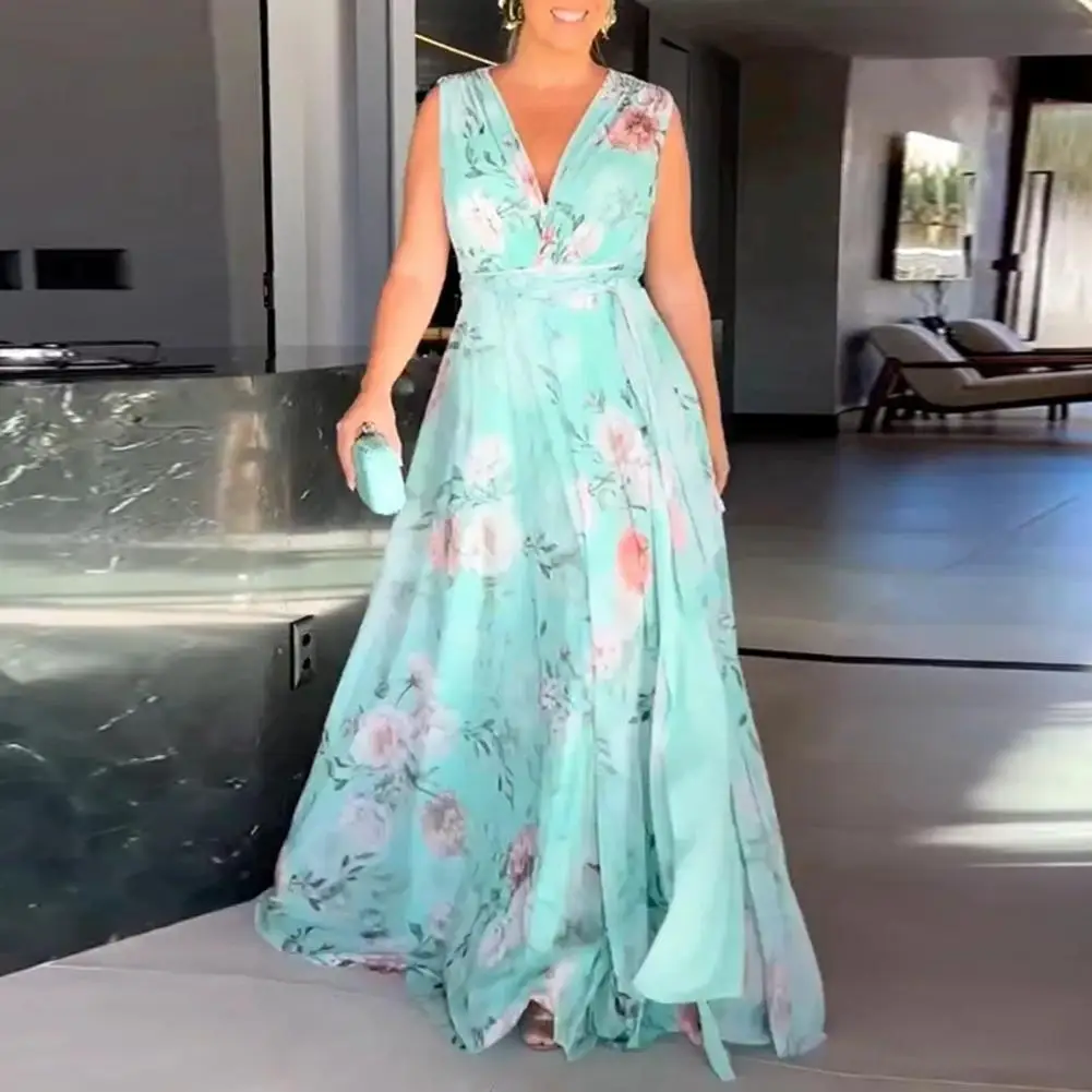 

Elegant Women Party Dress Deep V Neck Tight Waist Sleeveless V-shaped Backless Loose Hem Pleated Flower Print Lady Prom Dress