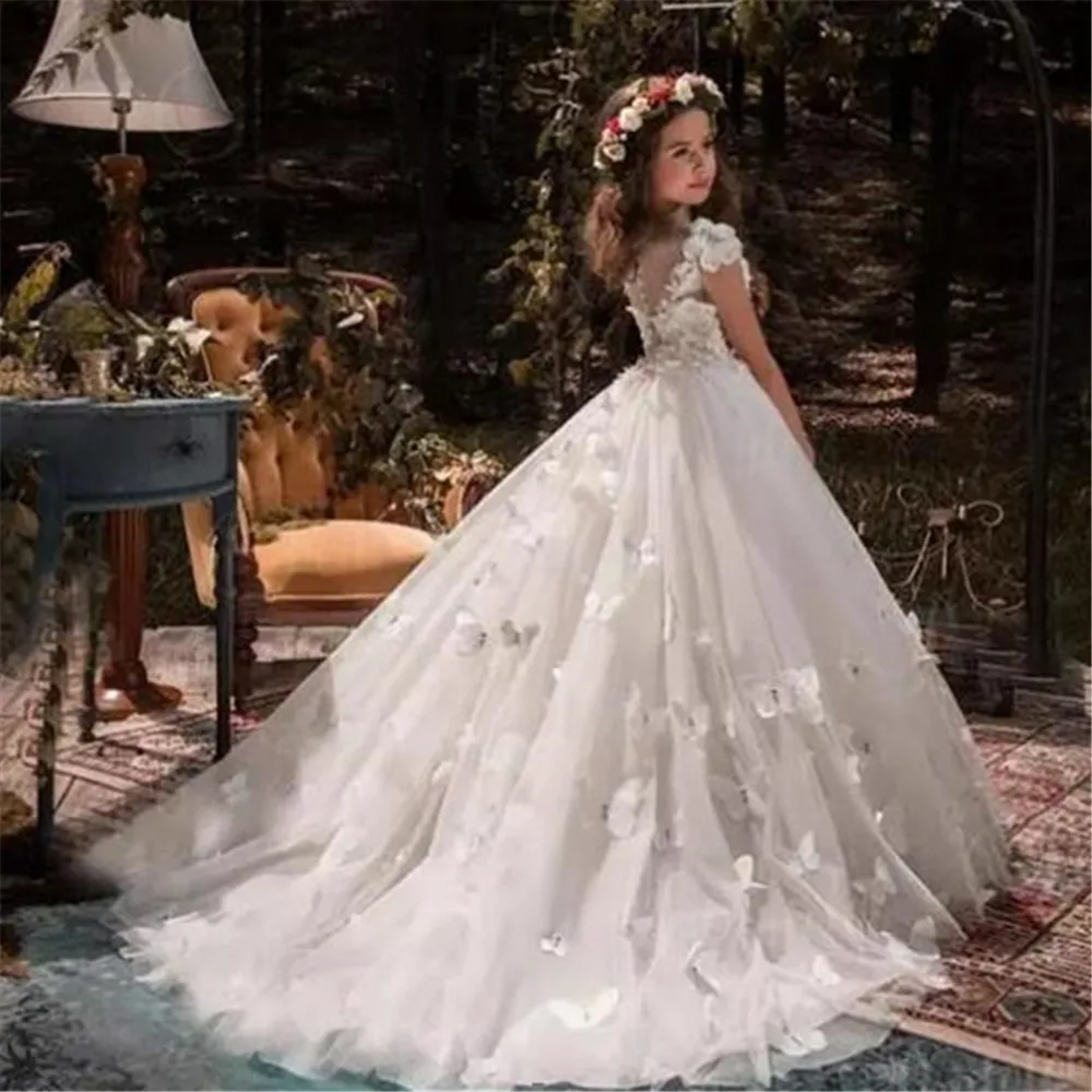 White Flower Girl Dresses For Wedding Tulle Butterfly 3D Applique Kids Birthday Party Pageant Dress First Communion Gown flower girl dresses