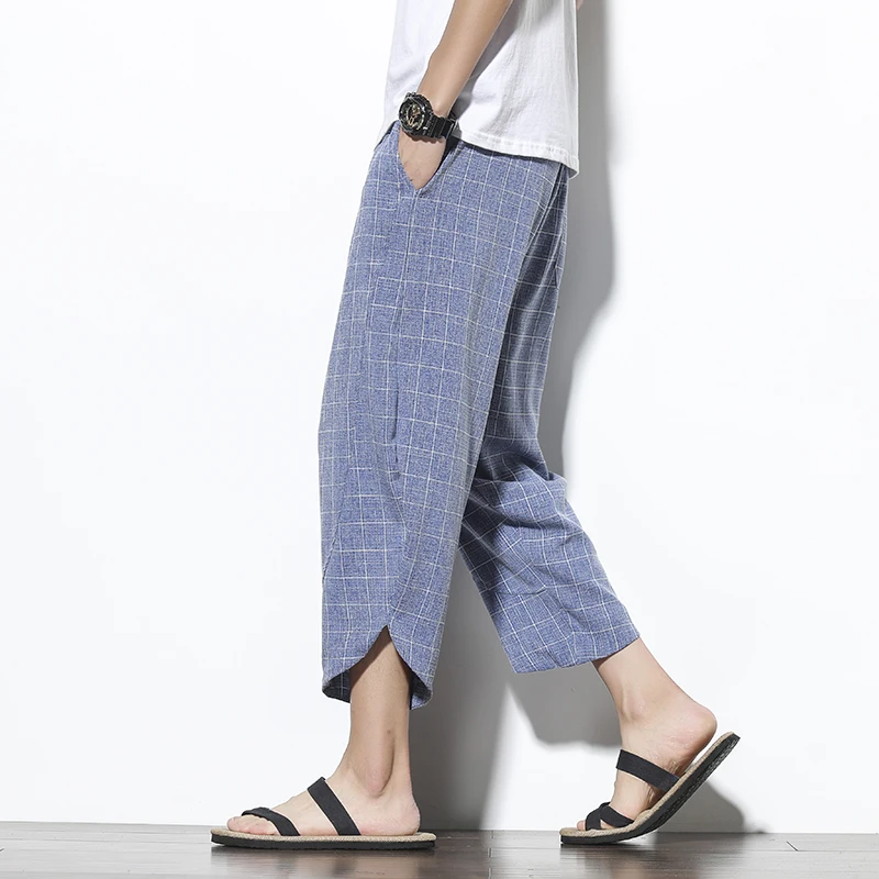 

Men Cotton Linen Pants 2023 Summer Casual Lattice Ankle Length Pants Male Solid Color Drawstring Breathable Harajuku Trousers