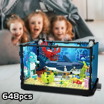 Idea Fish Tank Building Block Set with Light，Aquarium, Marine Life, Jellyfish And Turtle Ecological Tank, Toys For Boys And Girl