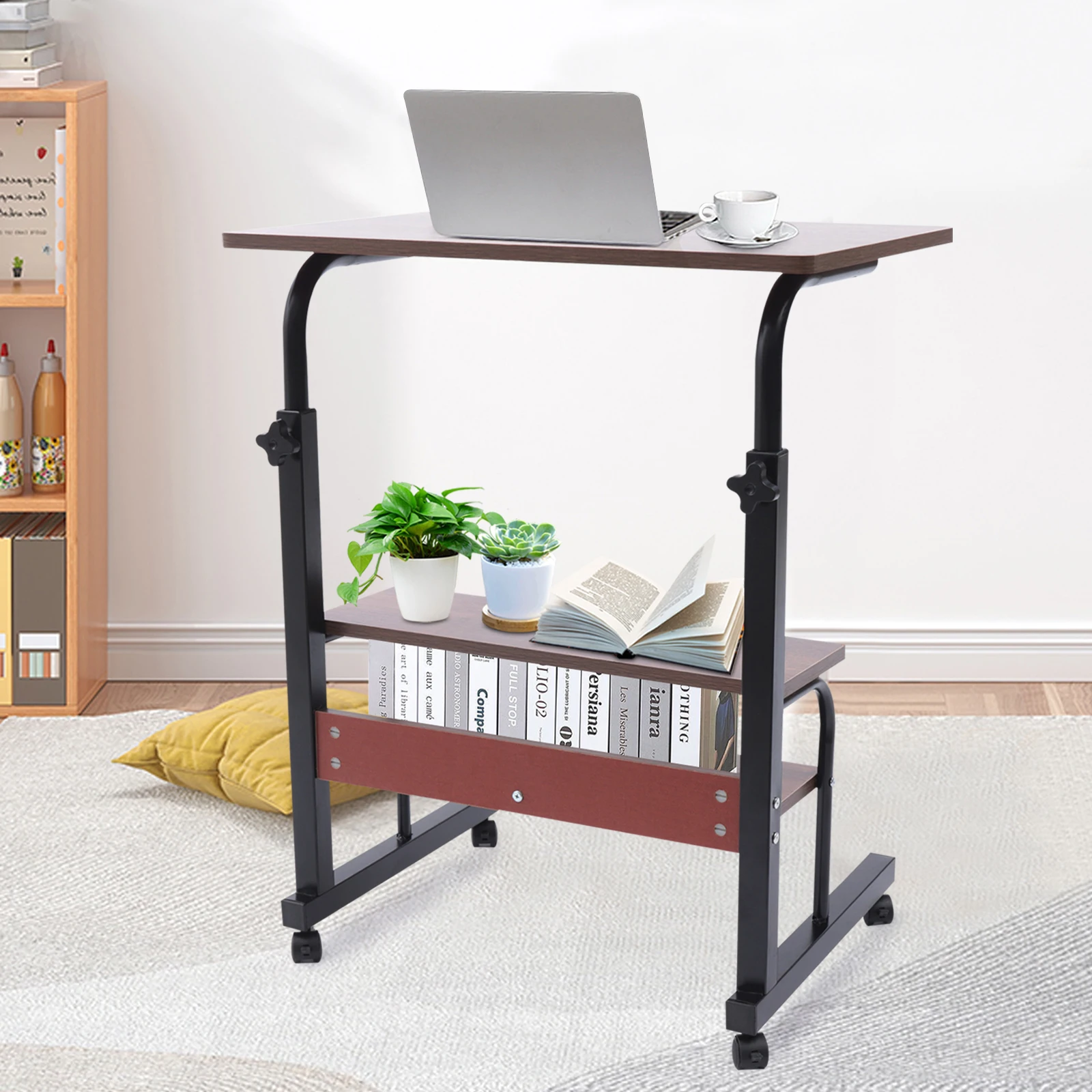 Rolling Side Table Adjustable Height Mobile Laptop Side Table With Double Storage Rack rolling laptop desk stand overbed food tray rack computer bedside table height angle adjustable