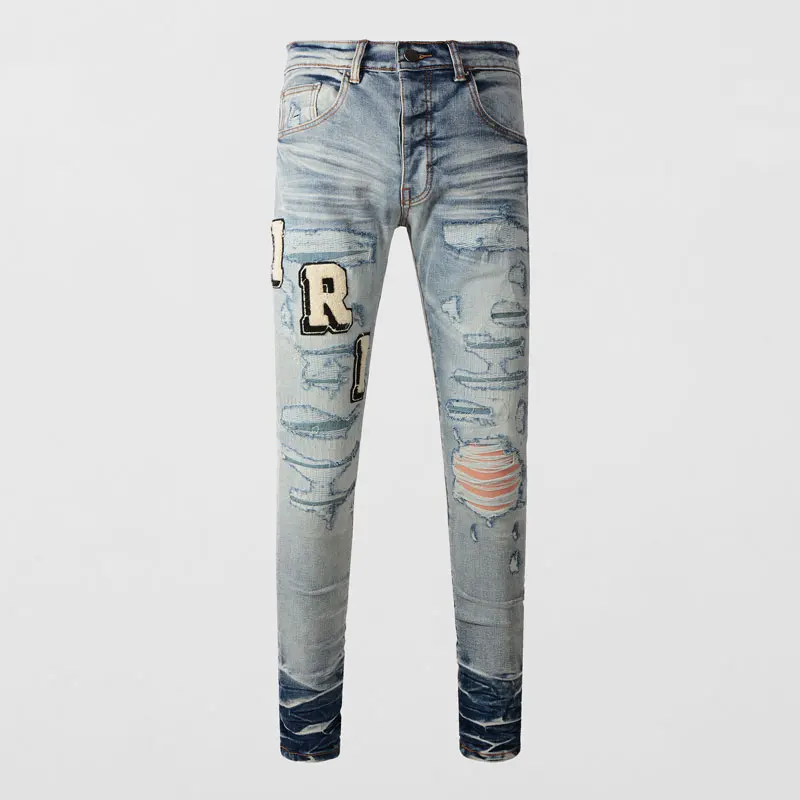 

High Street Fashion Jeans Retro Light Blue Stretch Elastic Skinny Ripped Jeans Men Brand Patch Designer Hip Hip Buttons Pants