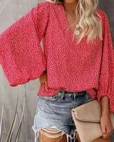 2023 New European and American  Cross Boder Spring/Summer/Autumn V-neck Casual Shirt Printed Lantern Sleeve Top Women's W - Image 2