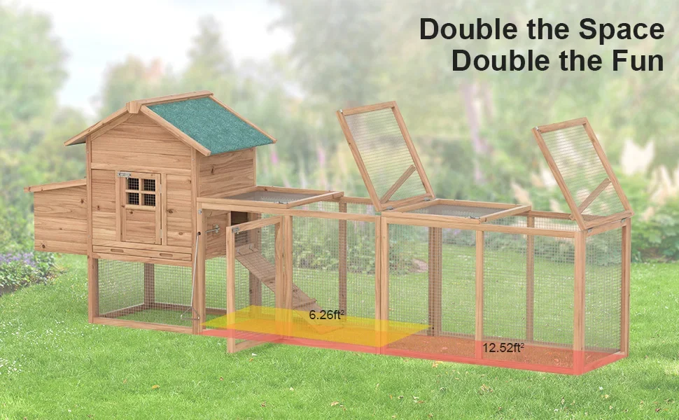 Wooden outdoor chicken coop with extra chicken run cage