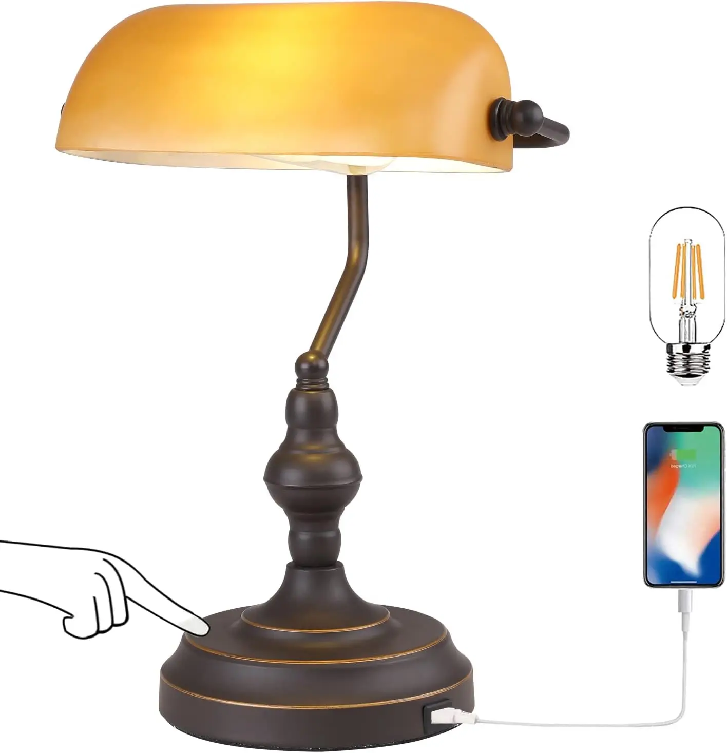 

Farmhouse Desk Lamp Touch Control, Vintage Bankers Lamps with USB Port, 3 Way Dimmable Table Light, Oil Rubbed Bronze Bedside Ni