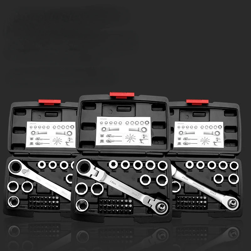 Double plum blossom ratchet dual purpose wrench tool set, quick and multifunctional repair socket wrench combination set