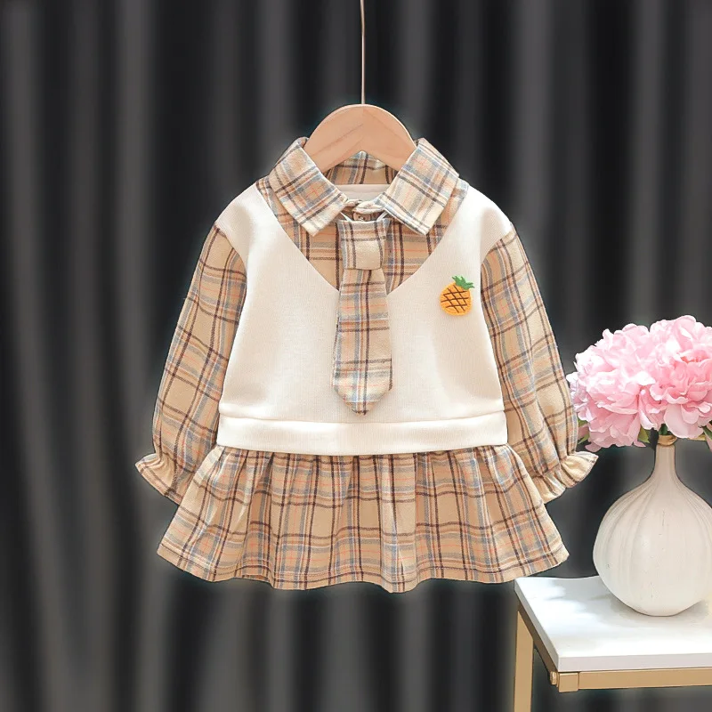 

Kid Girl Dress Tie School Uniform Plaid Casual Toddler Dress Children Clothing Korean Style Baby Girl Clothes Infant Suit A930