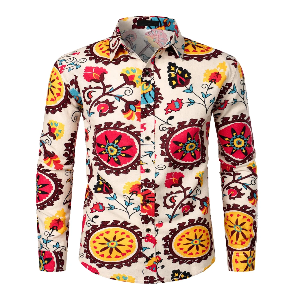 thumbnail image 5 of Camisa de manga larga con estampado para hombre, estilo étnico, disco, hip hop, informal, de los años 70, con botones, estilo social, con estampado floral de cachemira, estilo vintage, 5 of 5