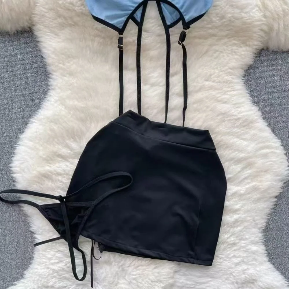 V-Neck Short Sleeve Transparent Crop Top With Elastic Waist A-Line Mini Skirt Set Cosplay Uniform Sexy Lingerie Women's Pajamas