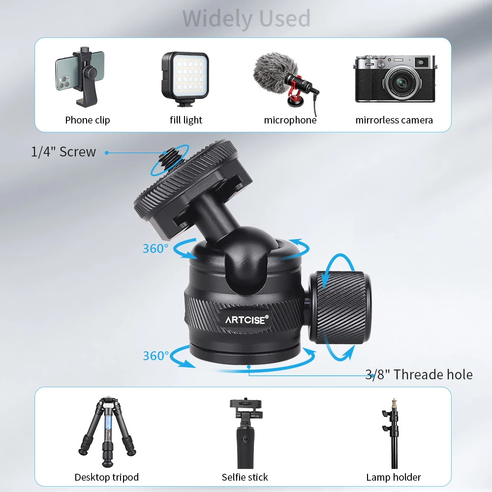 ARTCISE CB21 Mini Tripod Ballhead Low Profile Panoramic Double U-shaped with Cold Shoe for Camera Microphone Fill Light Monopod