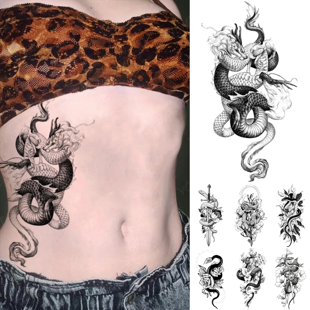 

Waterproof Temporary Tattoo Sticker Black Snake Dragon Totem Flash Tatto Tiger Flowers Roses Body Art Arm Fake Tatoo Men Women