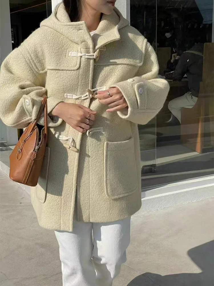 

Новое зимнее шерстяное пальто с деревянными пуговицами из рога, модное свободное теплое пальто из альпаки с капюшоном и длинными рукавами, Женская твидовая куртка на осень и зиму