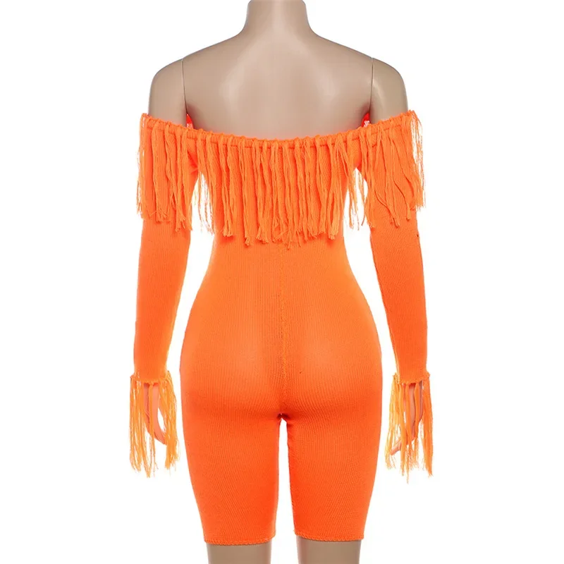 Women Solid Tassel Knitted Playsuits Sexy Slash Neck Off Shoulder Long Sleeve High Stretch Slim Rompers Party Club Overalls