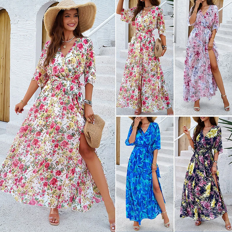 

Elegant Print Women's Dresses 2024 Summer Sexy V-Neck Short Sleeve High Waist Dress Holiday Beach Lady Vesido Mujer Robe S-XL