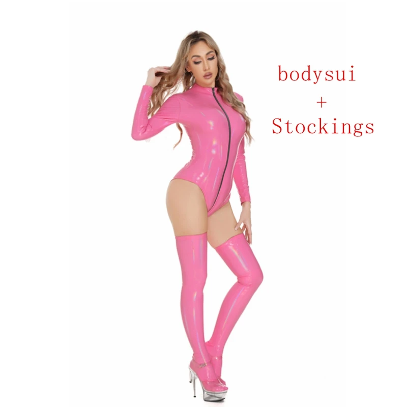 Women Zipper Latex Bodysuit Pink Shiny Leather Catsuit One-piece High-cut Bodycon Tights Jumpsuit Club Stage Pole Dance Suit