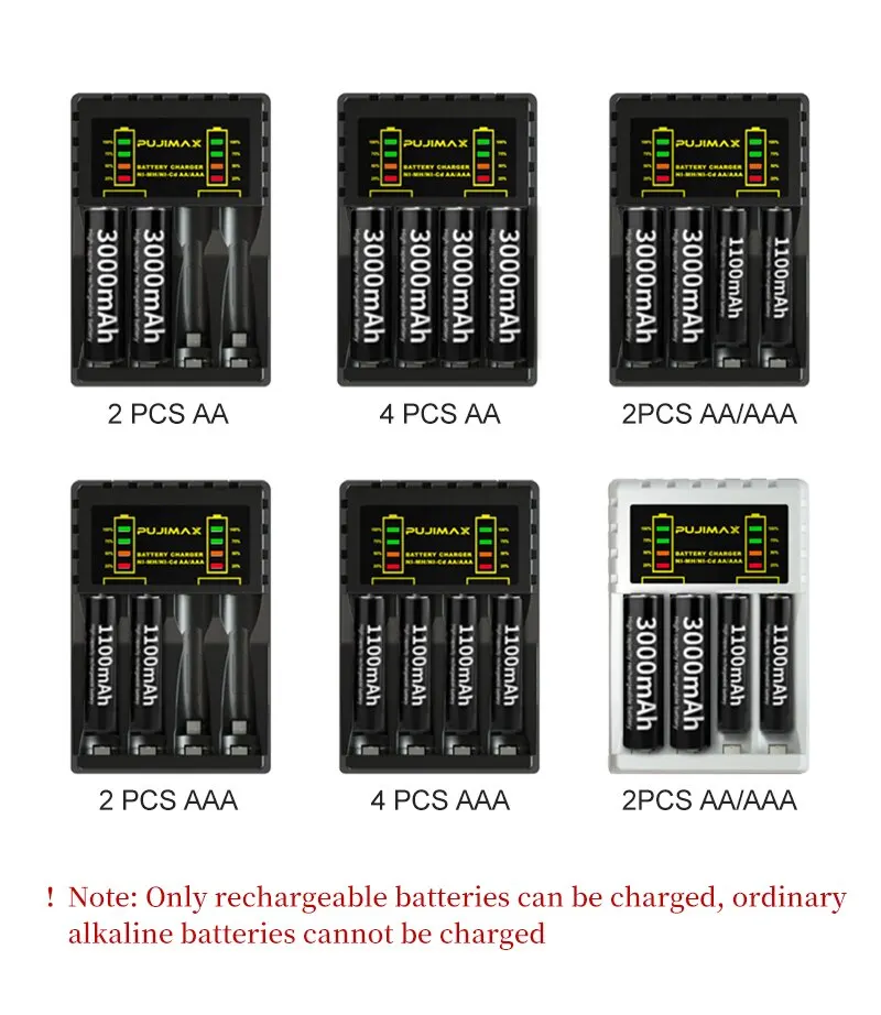 Battery Charger PUJIMAX 4 Slots Intelligent Ni-Mh for Rechargeable 1.2V AA Ni-MH Battery with USB Output Power LED Display