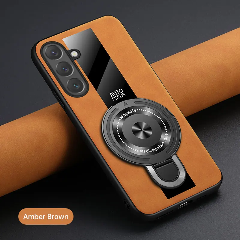 Luxury Magnetic Ring Holder Case - Premium Silicone & Sheepskin Leather Shockproof Cover with Plexiglass