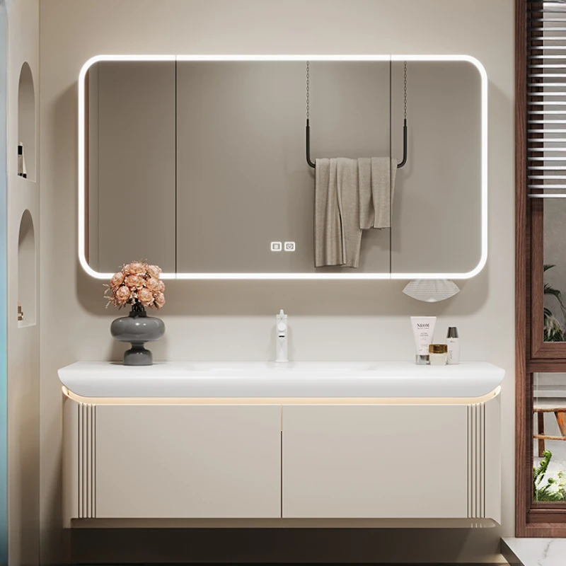 

Cream wind can be made into one basin, modern and simple bathroom cabinet set, bathroom washbasin combination.