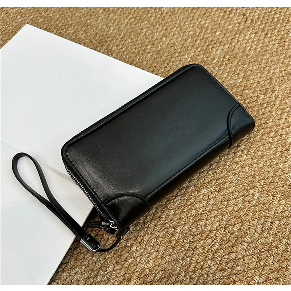 Oil Wax Leather Large Clutch Handbag Leather Zipper Around Wallets Wristlet Card Business Phone Wallet Case For Men