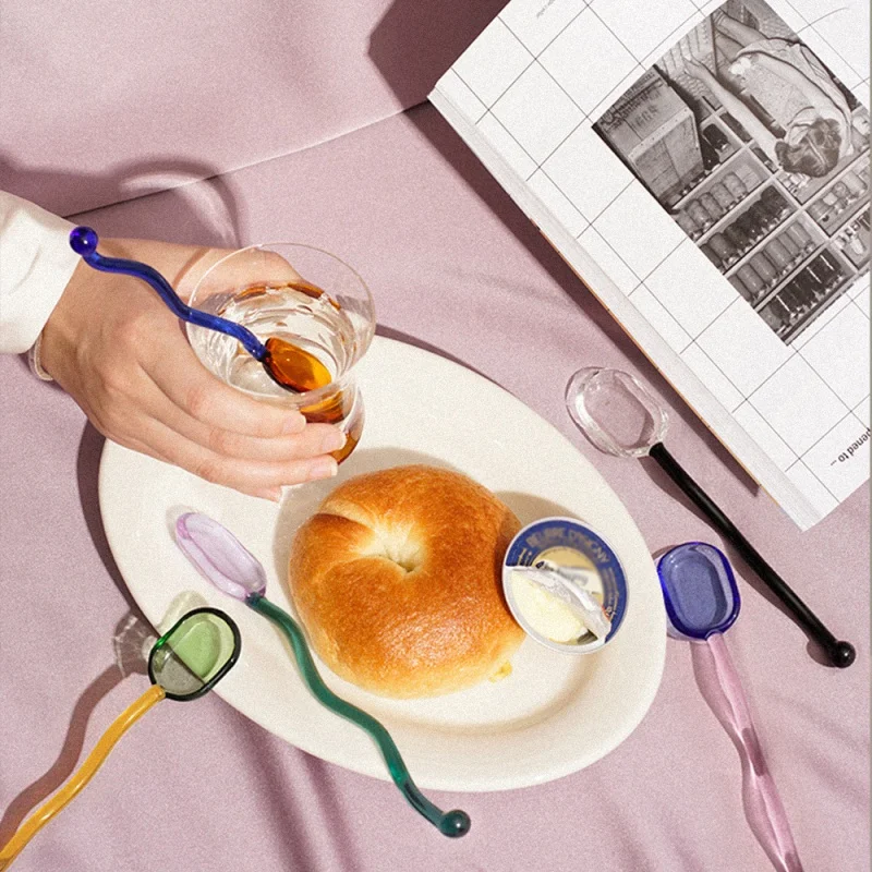유리 디저트 스푼 웨이브 레인보우 스플라이스 컬러, 귀여운 캔디 크리에이티브 믹스, 물컵 스푼, 2 인 1 믹싱 스푼, 주방 용품