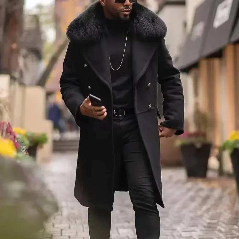 2025 New long Casual Woolen Coat Solid Slim Fit Double breasted Youth Men's Collar clothing trench coat men Wool cloak&mix