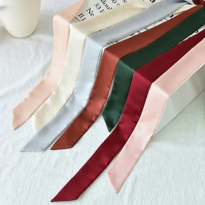 5X190CM Women Narrow Long Scarf Solid Color Chiffon Silk Rubber Red Tie Black Bag Ribbon Headband Choker Streamer Scarf Fur Coat 6