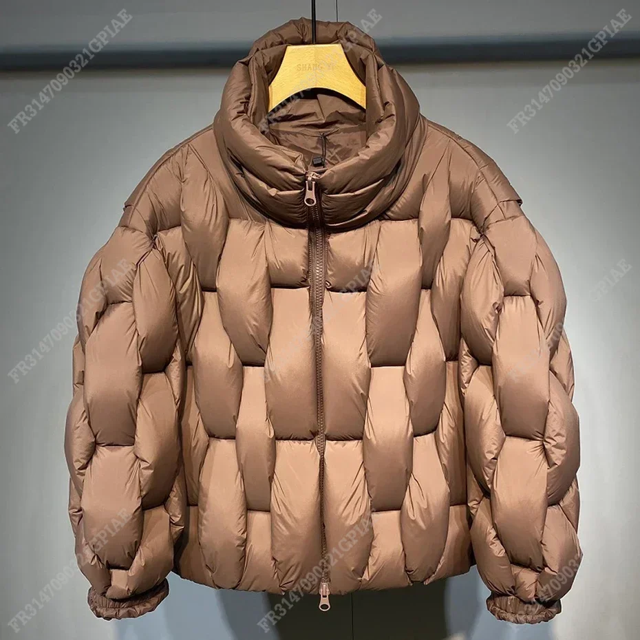 Unisex Thick Parkas Jackets Women Luxury Designer Square Weave High Collar Warm Jacket Casual Oversized Warm Puffer Bubble Coat 2