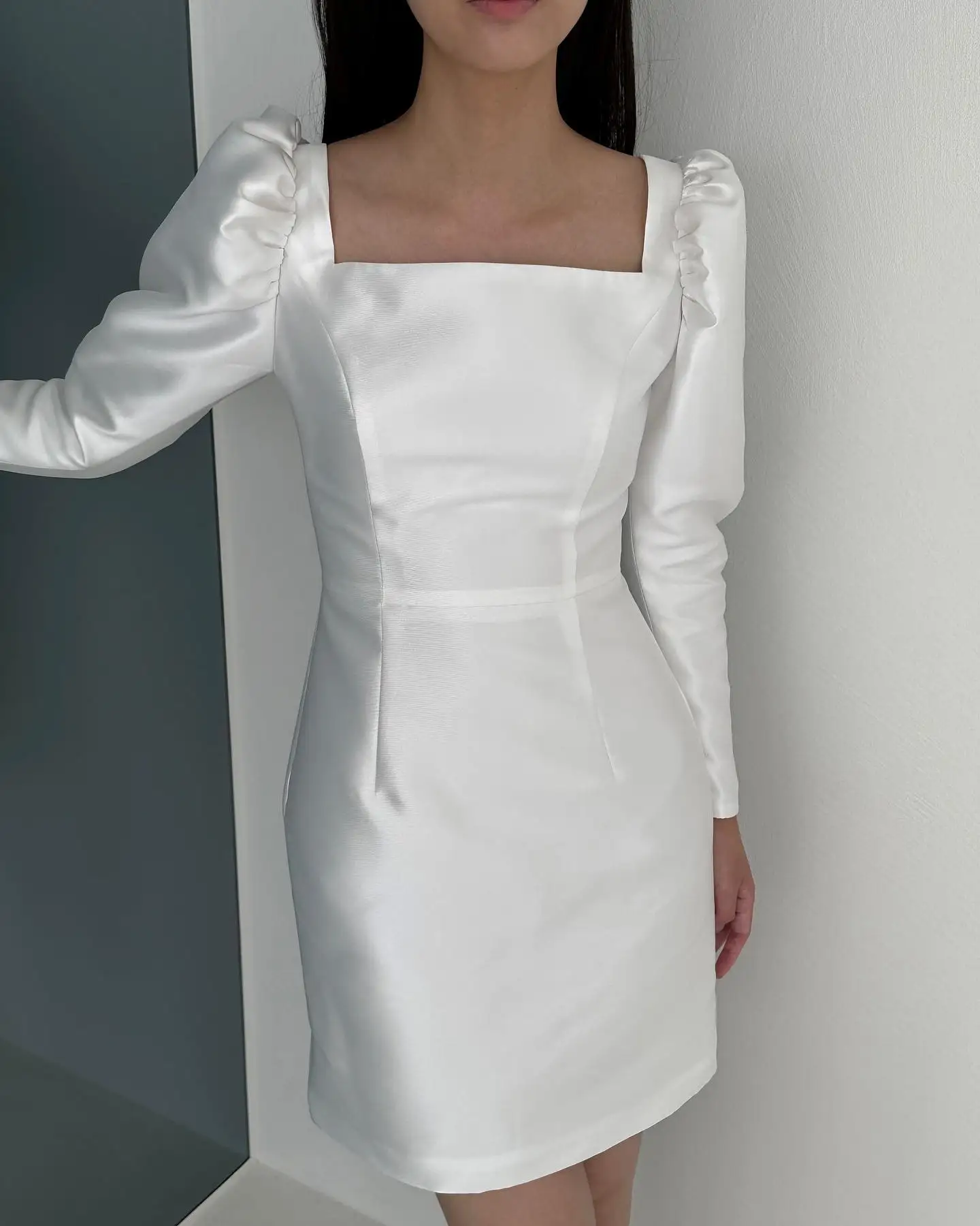 OEING Square Collar Korea Garden Evening Dress White Long Sleeves Formal 프롬드레스 Knee Length Elegant Prom Growns Party Women Bride