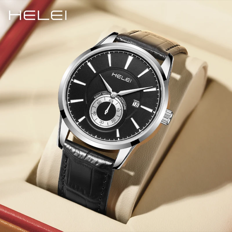 HELEI2024 Men's Luxury Quartz WatchLeather Quartz WatchMen's Self-Winding Calendar Display Bar Dial Business Pointer Watch