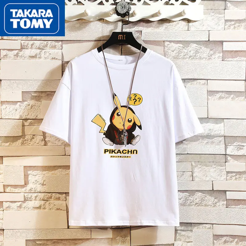 

TAKARA TOMY Pikachu Summer Men's Loose Printing Cotton Short-sleeved T-shirt Student Cartoon Printing Simple Top Half-sleeve
