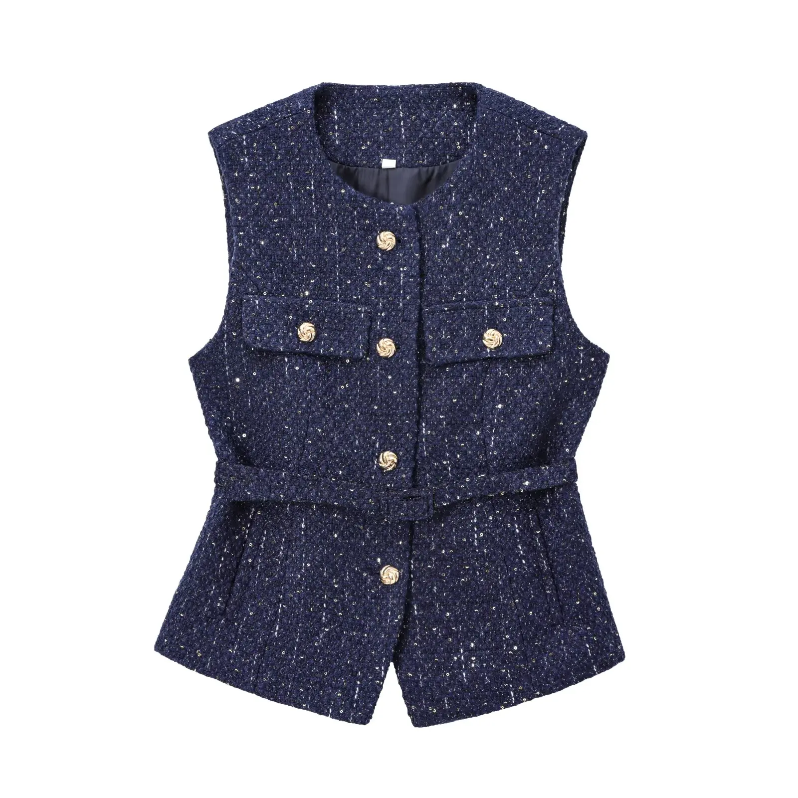 thumbnail image 1 of HH TRAF Moda Mujer Botones Bolsillos Decoración Casual Slim Chaleco Superior Mujeres Chic Cuello Redondo Sin Mangas Textura Chaleco Superior Mujer, 1 of 4