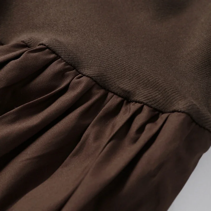 Elegant Knitted Patchwork Brown A-line Dress Women O-neck Short Sleeves Pleated Ruffles Mini Dresses 2025 Lady Solid Vestidos