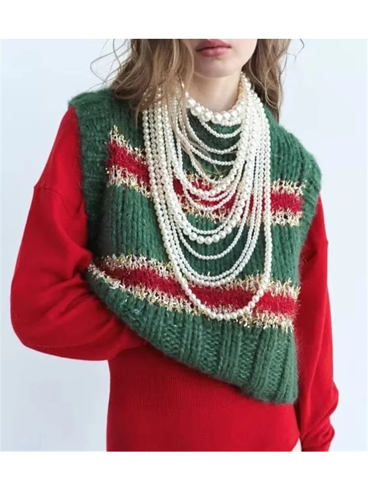 

Womens O-Neck Sleeveless Green Loose Short Sweaters Spring Autumn Ladies Red Striped Casual Knitted Elastic Pullover Vest