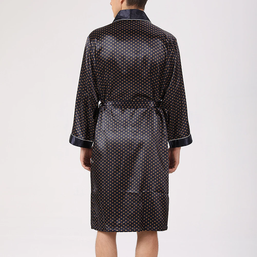 Men Robe Striped Emulation Silk Bathrobe Summer Long Sleeve Lightweight Nightwear Baggy Ultra-thin Nightgown Comfort Homewear