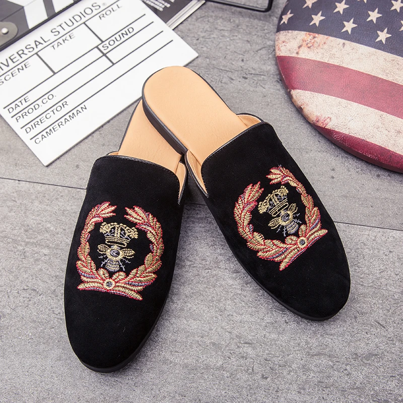 

Fashionable Half Drag Casual Loafers for Men Black Gold Male Comfortable Daily Outdoor Street Walking Slippers Summer Slides