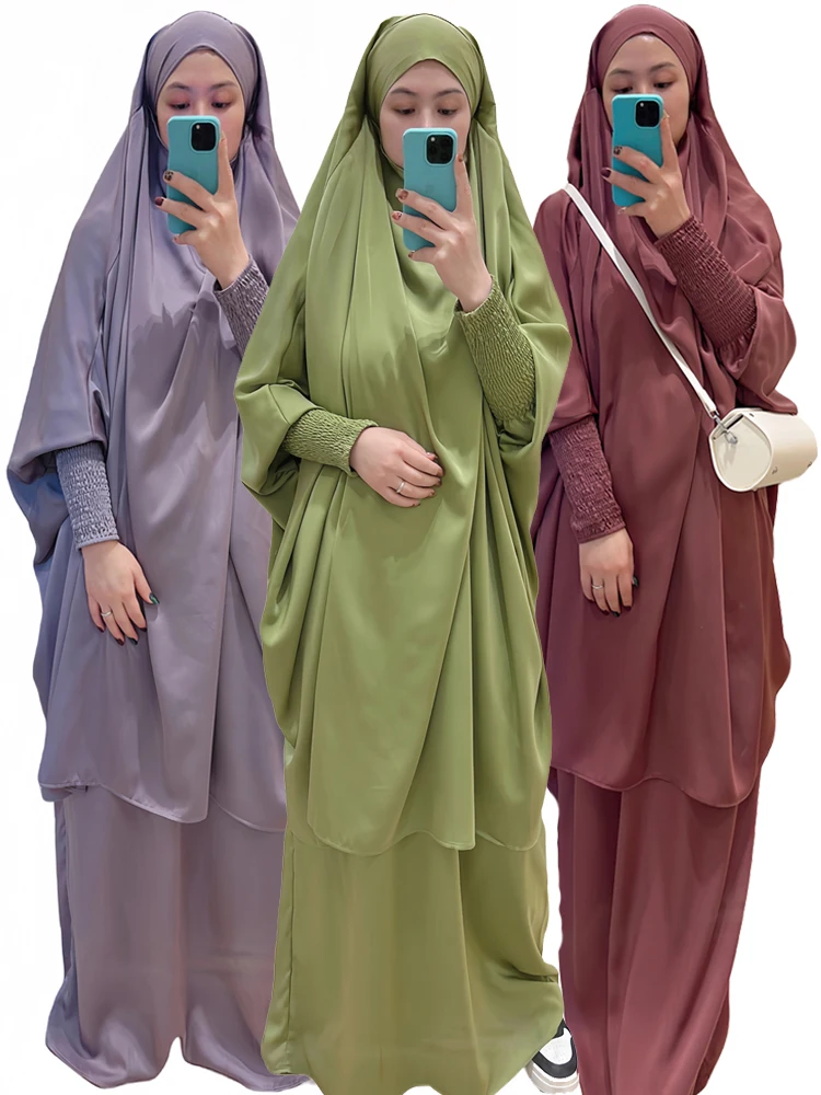 

Ramadan Eid Satin Modest Muslim 2 Piece Khimar Abaya Set Islam Hijab Dress Abayas For Women Kebaya Robe Femme Musulmane Kaftan