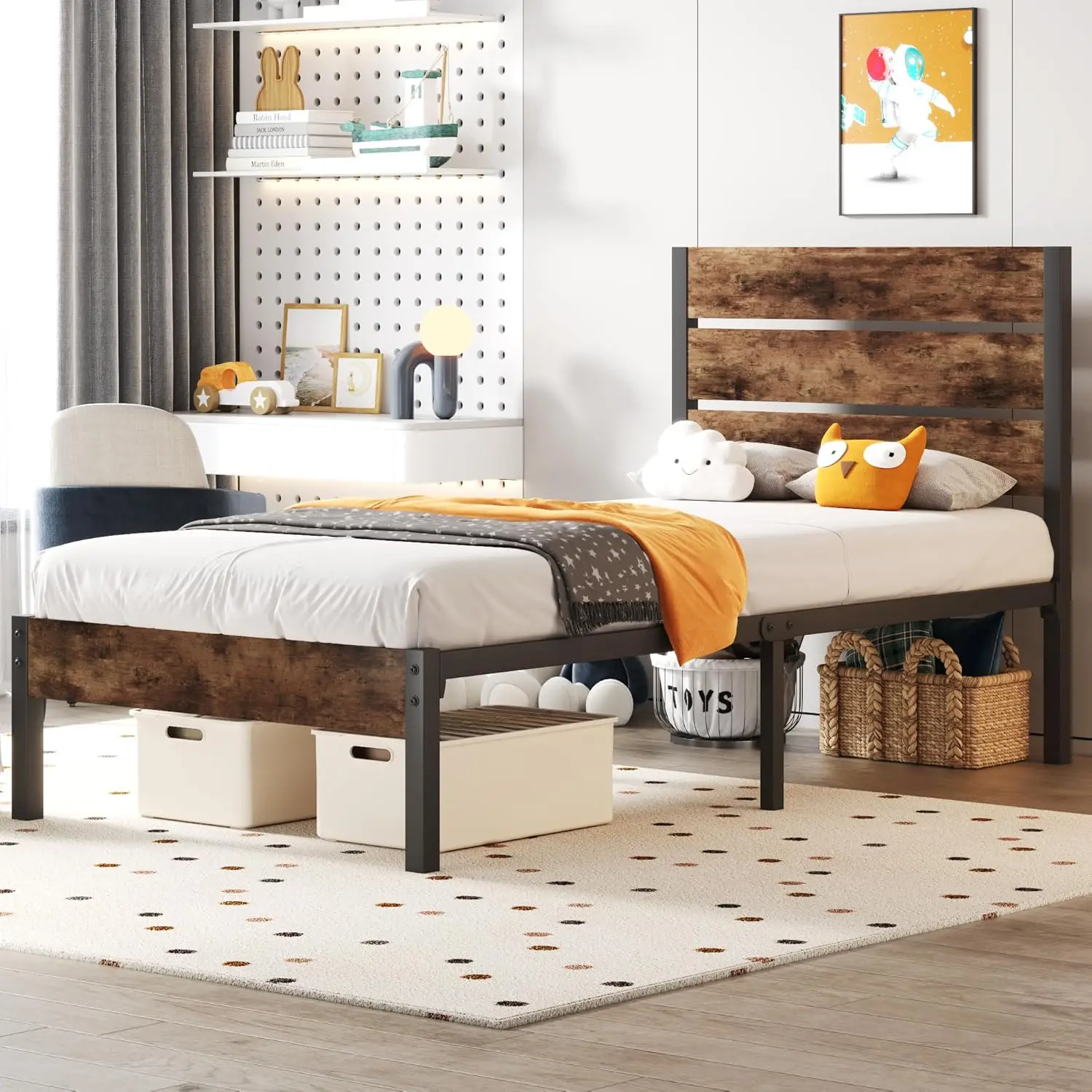 Bed with Headboard and Footboard, Metal Twin Bed Frame with Under Storage, All-Metal Support System, No Box Spring Needed, E