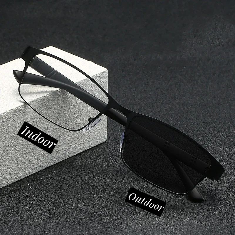 Myopia Glasses Business Men's Photochromic Unisex Half Frame Square Near Sight Eyeglasses Optical Prescription Minus Eyewear