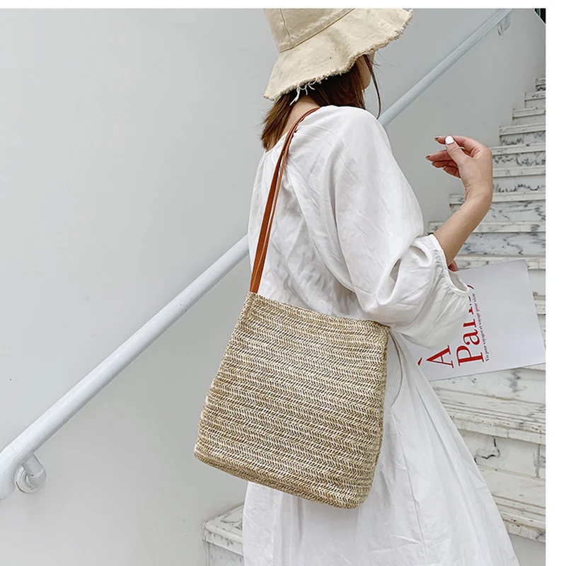 

Summer Straw Shoulder Bag Korean Girl Woven Handbag Trendy Tote Bag Large Capacity Storage Women's Cosmetic Bag