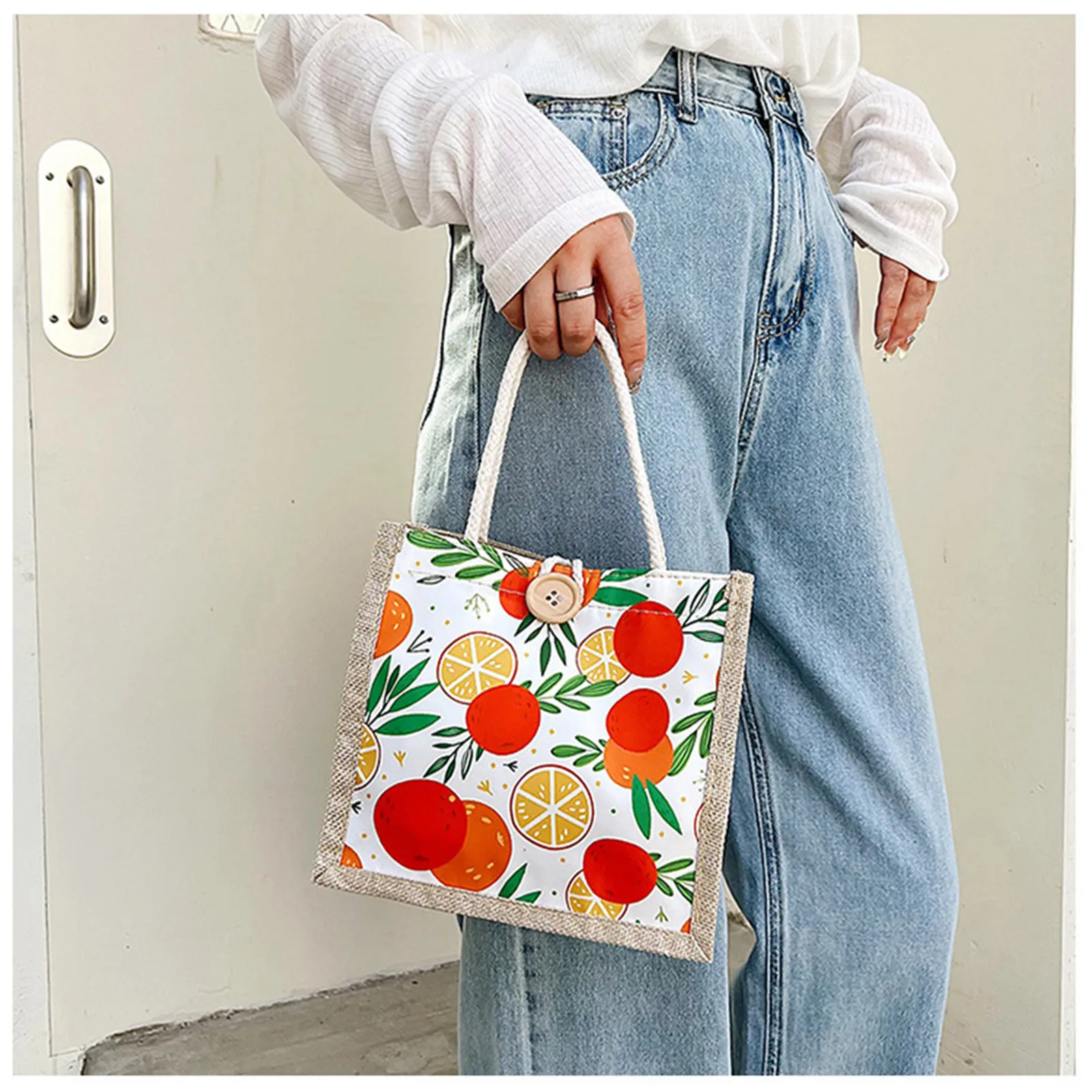 Linen Button Vintage Handbag Women Tote Large Capacity Grocery Gift Bag Beach Organizer Portable Shopping Lunch Bag Fruit Print
