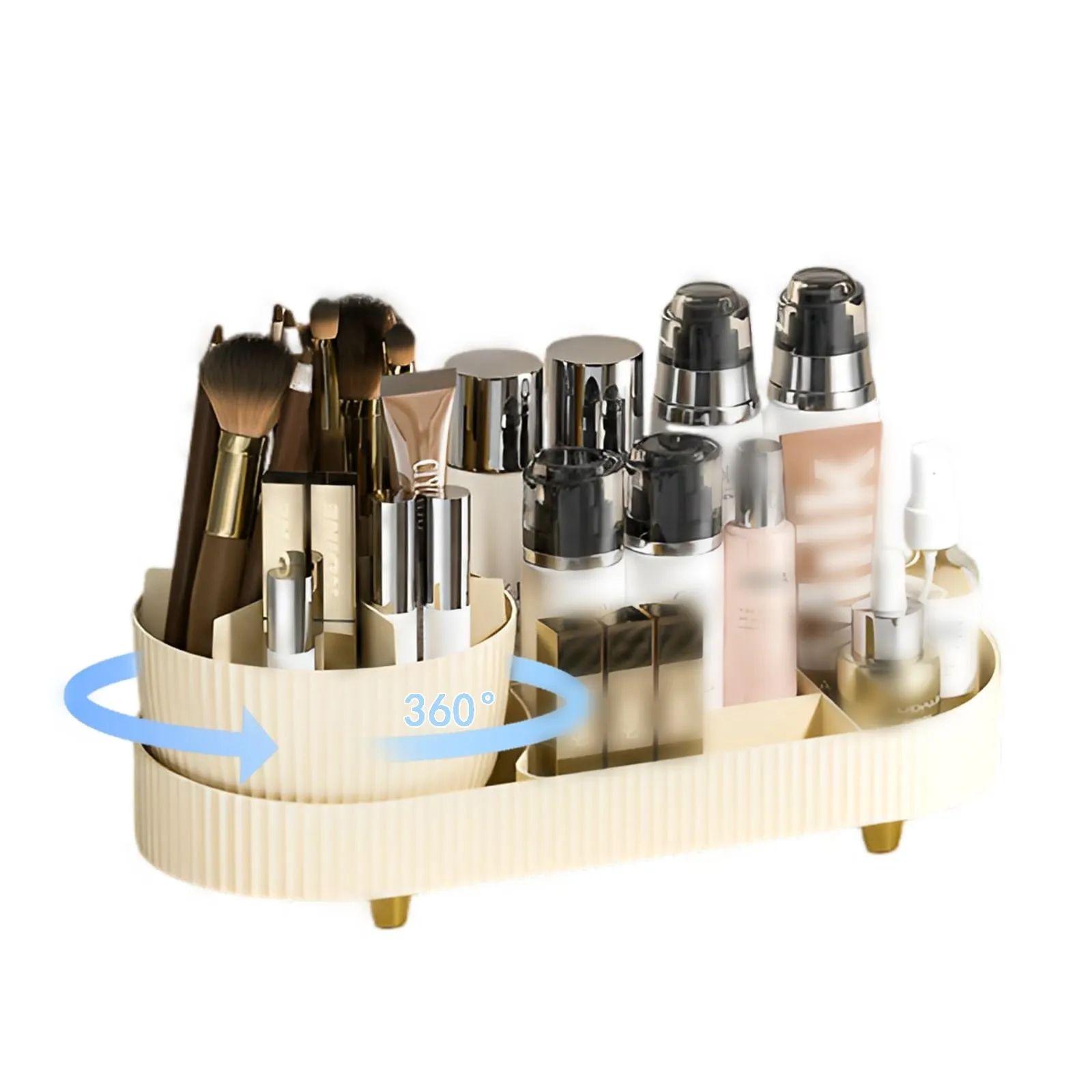 Rotating Makeup Organizer for Vanity with Brush Holder, Large Cosmetic Desktop Storage Box Lotions Display Cases, Spinning 2