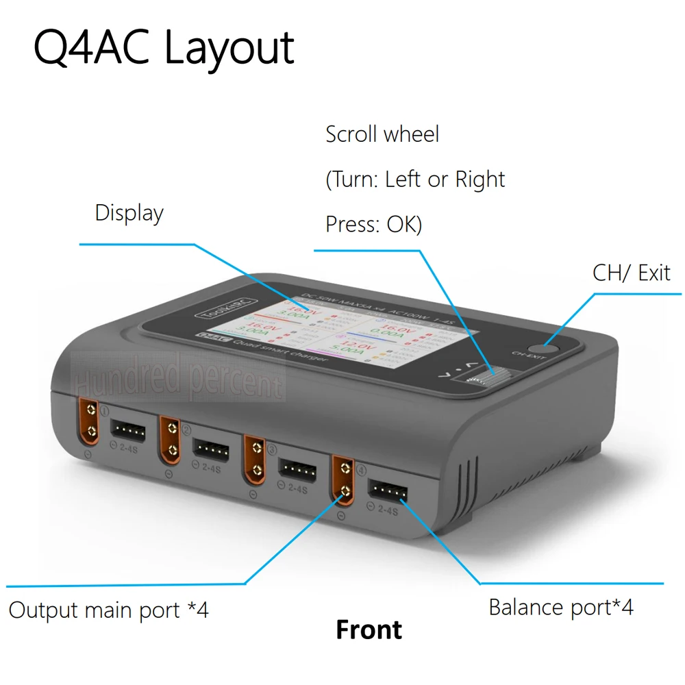 ToolkitRC Q4AC charger XT60 Adapters IPS Bright Clear Wide Angle Display 4x50w 5A AC 100W 4 Port DC Smart Discharger AC DC
