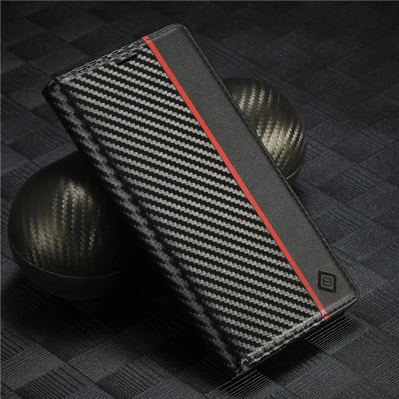 Stylish Carbon Fiber Magnetic Wallet Case with Leather Flip Cover