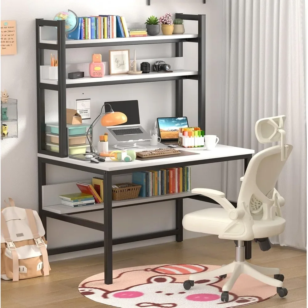 Computer Desk with Shelves, 47" W x 23.6" D Gaming Desk with Hutch and Bookshelf, White Study Table for Bedroom Space Saving wi