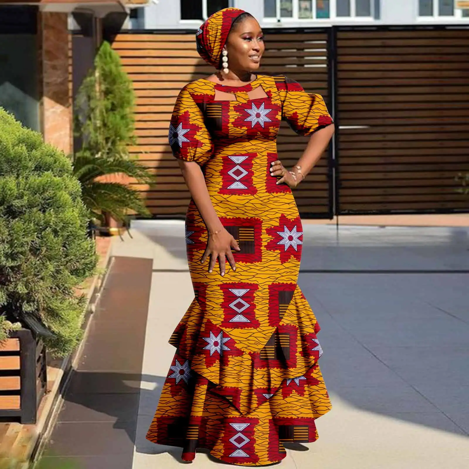 African Evening Dresses for Women Ankara Print Ruffles Bazin Rich Maxi Dress with Headwrap Elegant Party Birthday Gown Y2225020