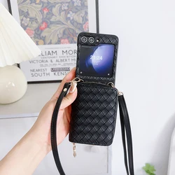 Woven Pattern Crossbody Zipper Wallet with Lanyard and Card Slot - PU Leather Case for Galaxy Z Flip 7 (BZW1 - Black)