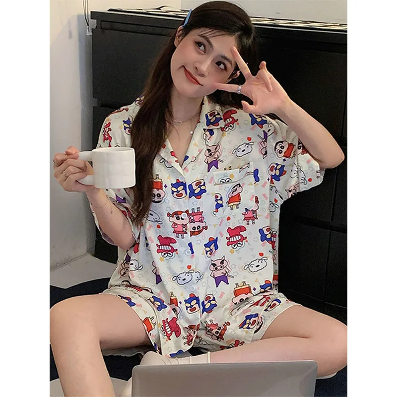 Kawaii Cartoon Crayon Shin Chan Pajamas Ins Two-Piece Anime Summer Short Sleeved Shorts Thin Style Comfort Daily Wear For Girls