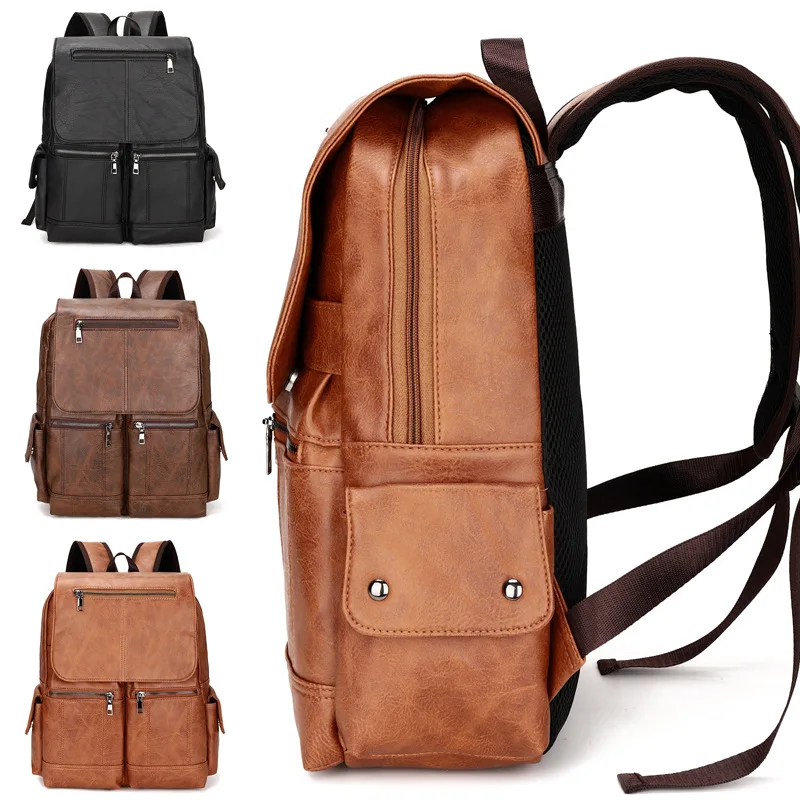 

Vintage PU Leather Teenage Backpacks Retro Fashion Schoolbag Man Multifunctional Backpack Men Zipper Designer Large Capacity Bag