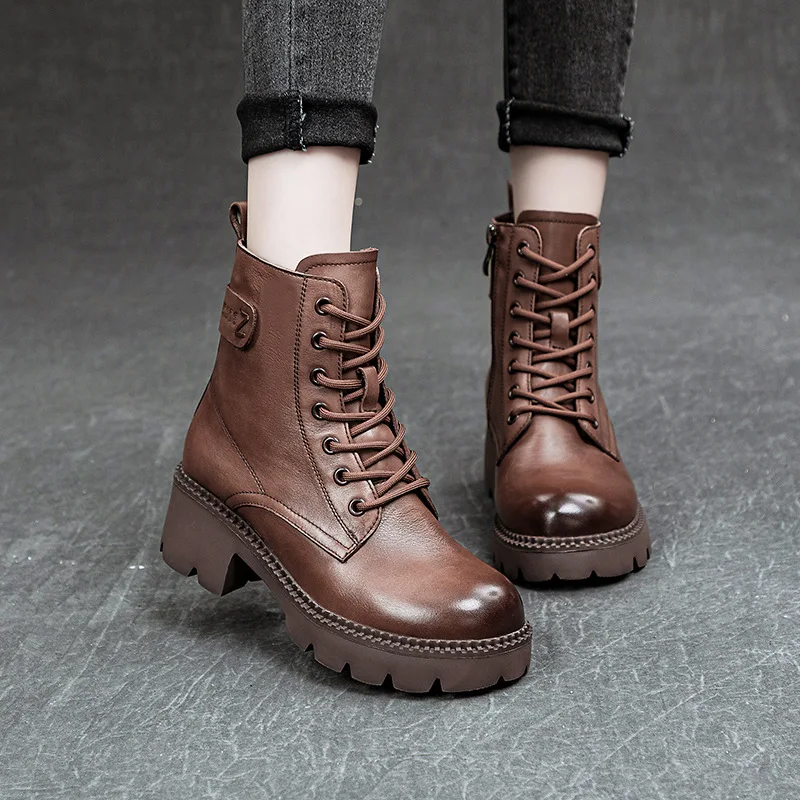 Fashion New Genuine Leather Shoes Women Boots Black Round Toe Flat With Handmade Sexy Concise Leisure Sewing Platform Boots Larg