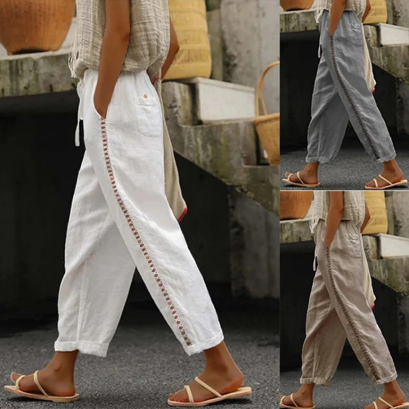 

Choichic Women Cotton Linen Harem Pants Summer Loose Lace Stitching Hollow Trousers Female Vintage Ankle-Length Wide Leg Trouser